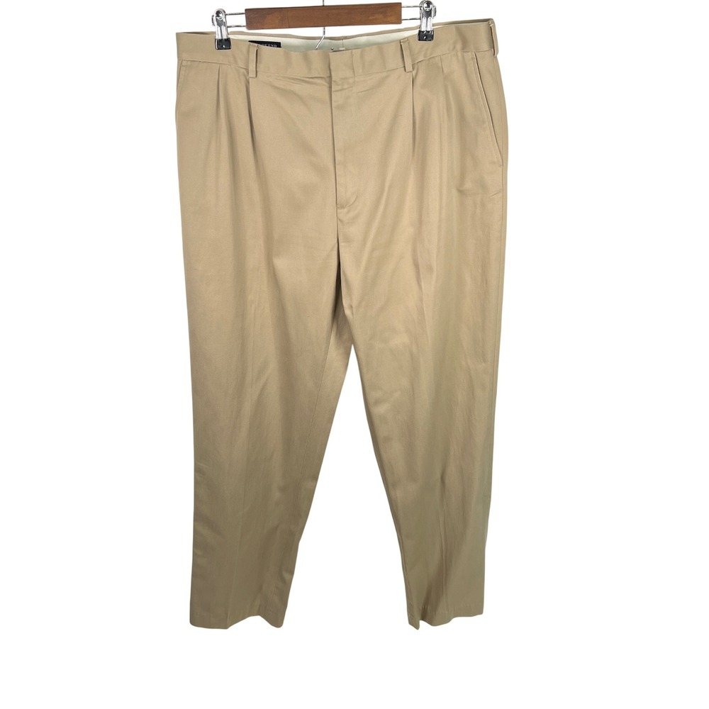 Lands' End Mens 38 Long Khaki Pleated Chinos Traditional Fit Tan Cotton Blend
